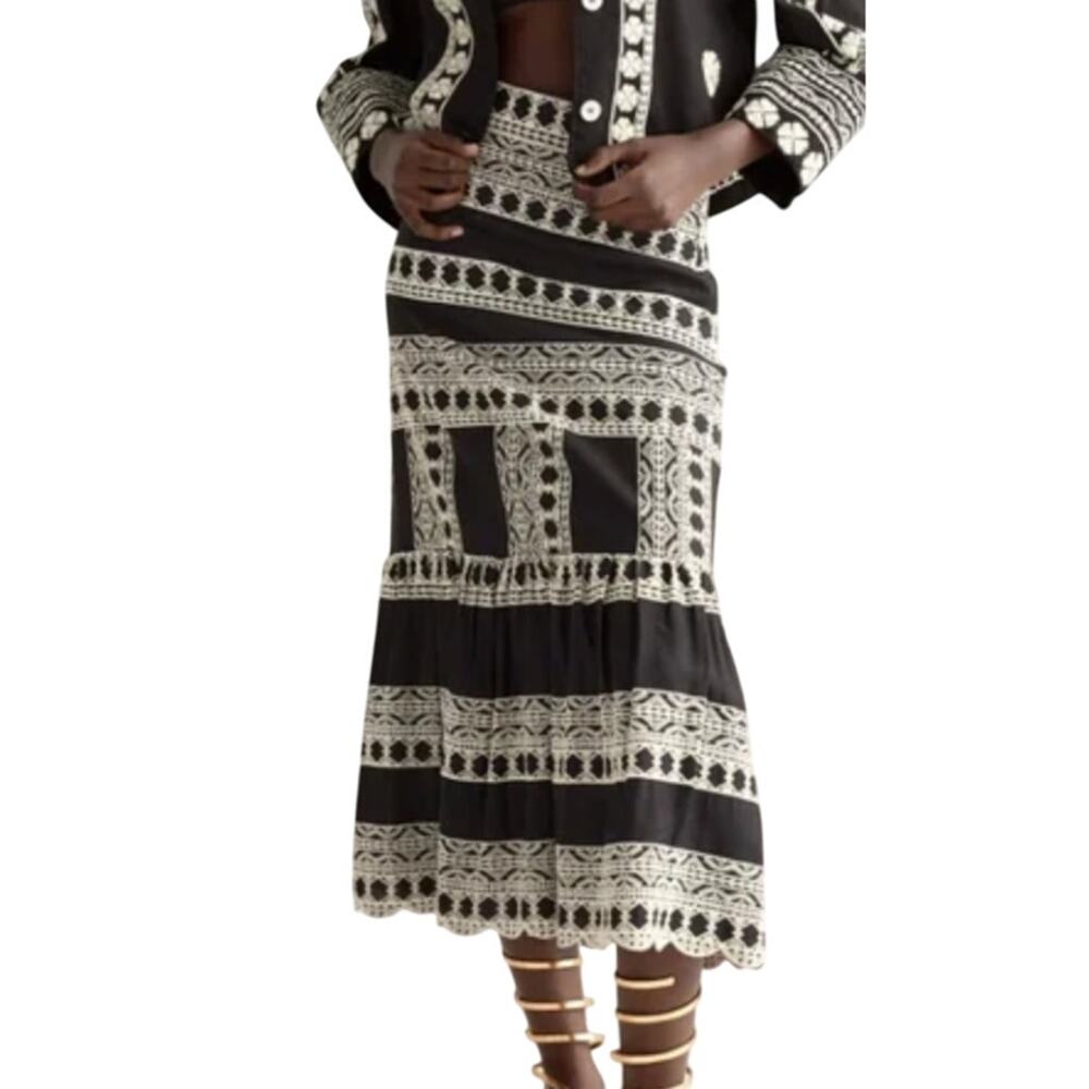 Zara Black White Boho Embroidered Linen Mermaid Midi Skirt size S Blogger Fave